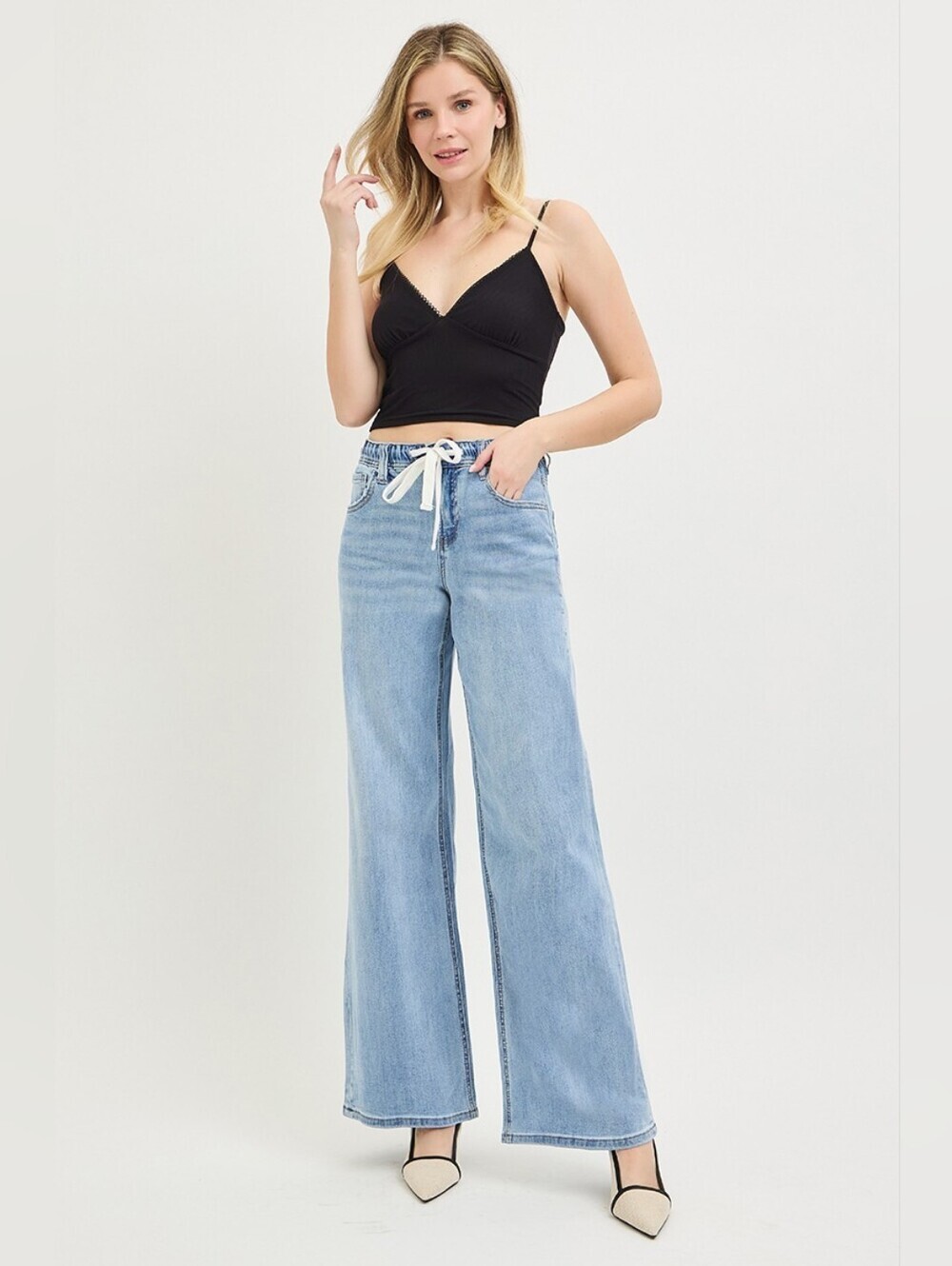 RISEN Light Wash Wide Leg Jeans Elastic Cinch Tie Waist Slouchy Various NEW